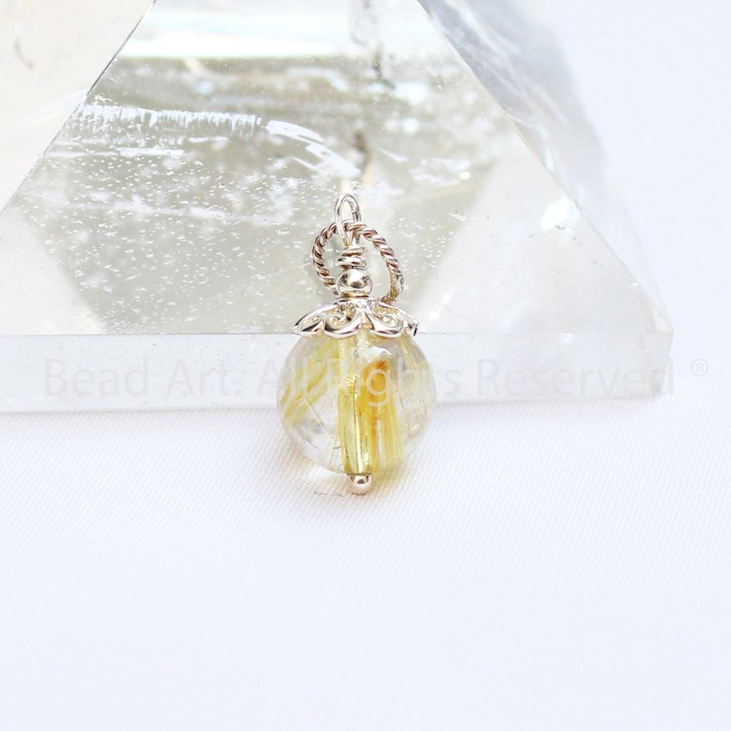 Mặt Dây Chuyền Thạch Anh Tóc Vàng Tự Nhiên 9mm Loại A, Trang Sức Đá Phong Thuỷ, Mệnh Thổ, Kim - Bead Art