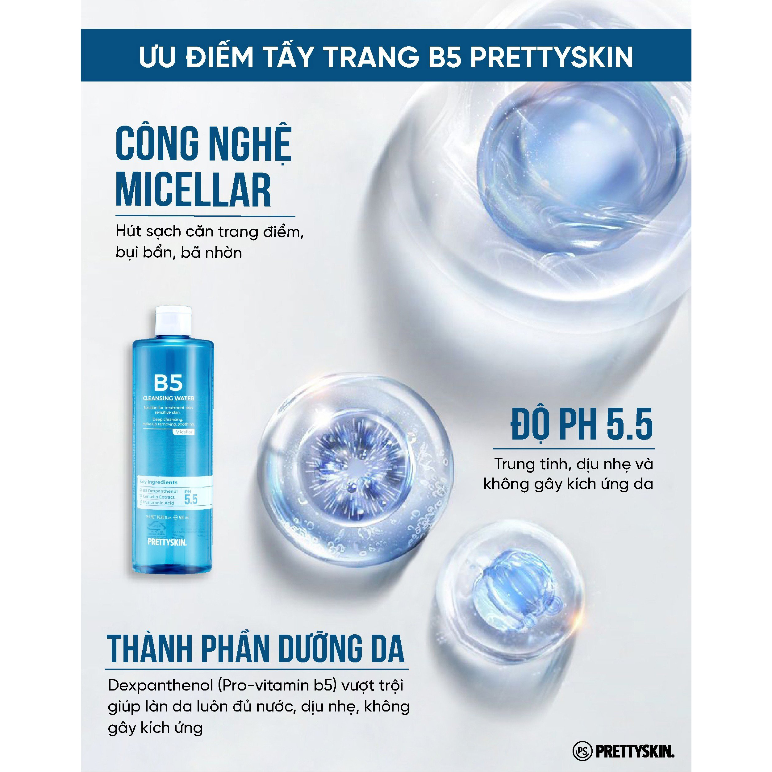 Nước tẩy trang dưỡng ẩm, dịu nhẹ B5 Pretty Skin Cleansing Water dành cho da nhạy cảm, da treatment 500ml