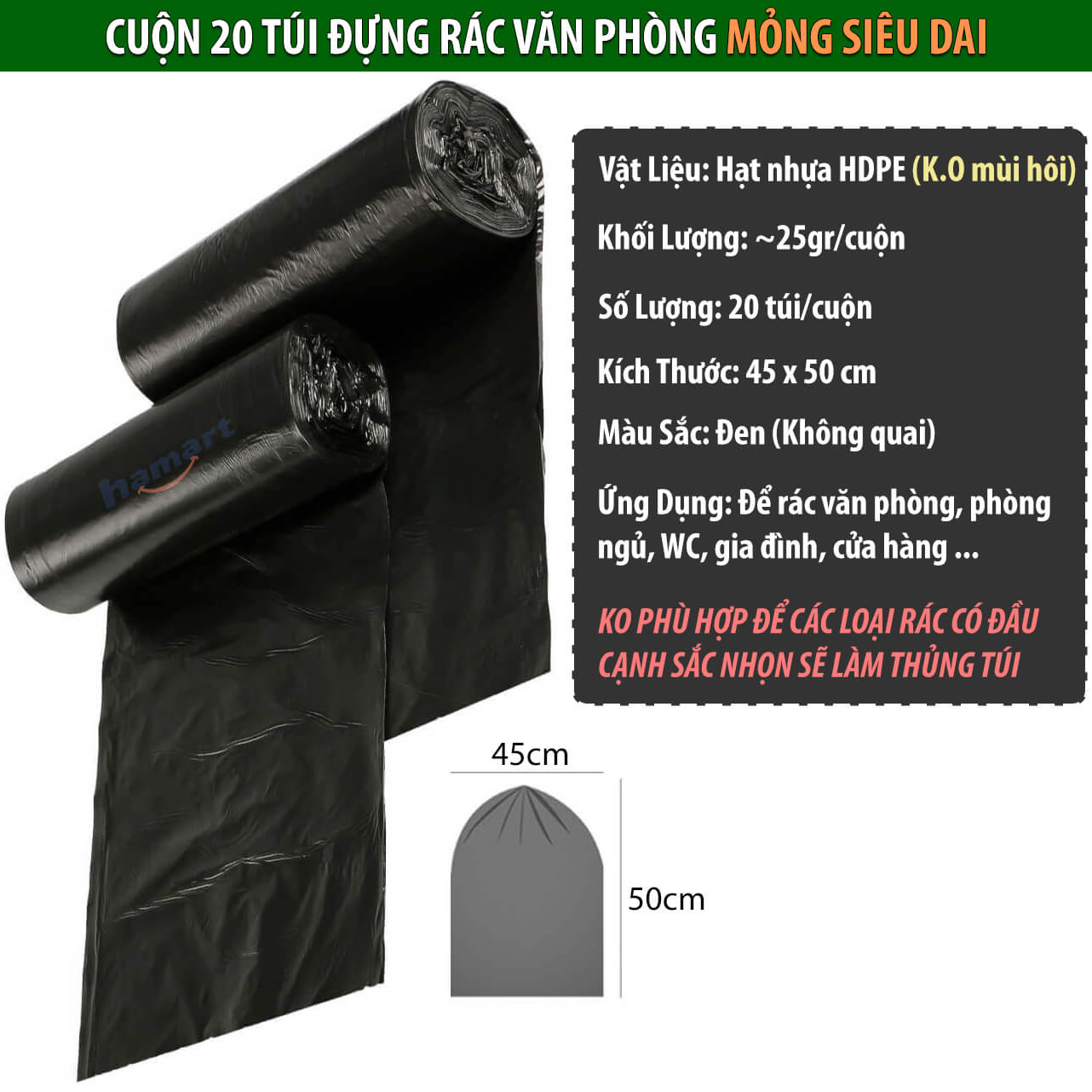 100 Túi Đựng Rác Văn Phòng Nylon Đen 5 Cuộn 150gr Túi Đựng Rác Tự Hủy Sinh Học 45x50CM Siêu Dai