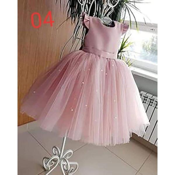 Đầm công chúa hồng nơ đính cườm cho bé dự tiệc.