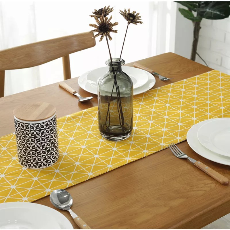 Khăn trải bàn table runner vải bố - Họa tiết vàng - mẫu E01