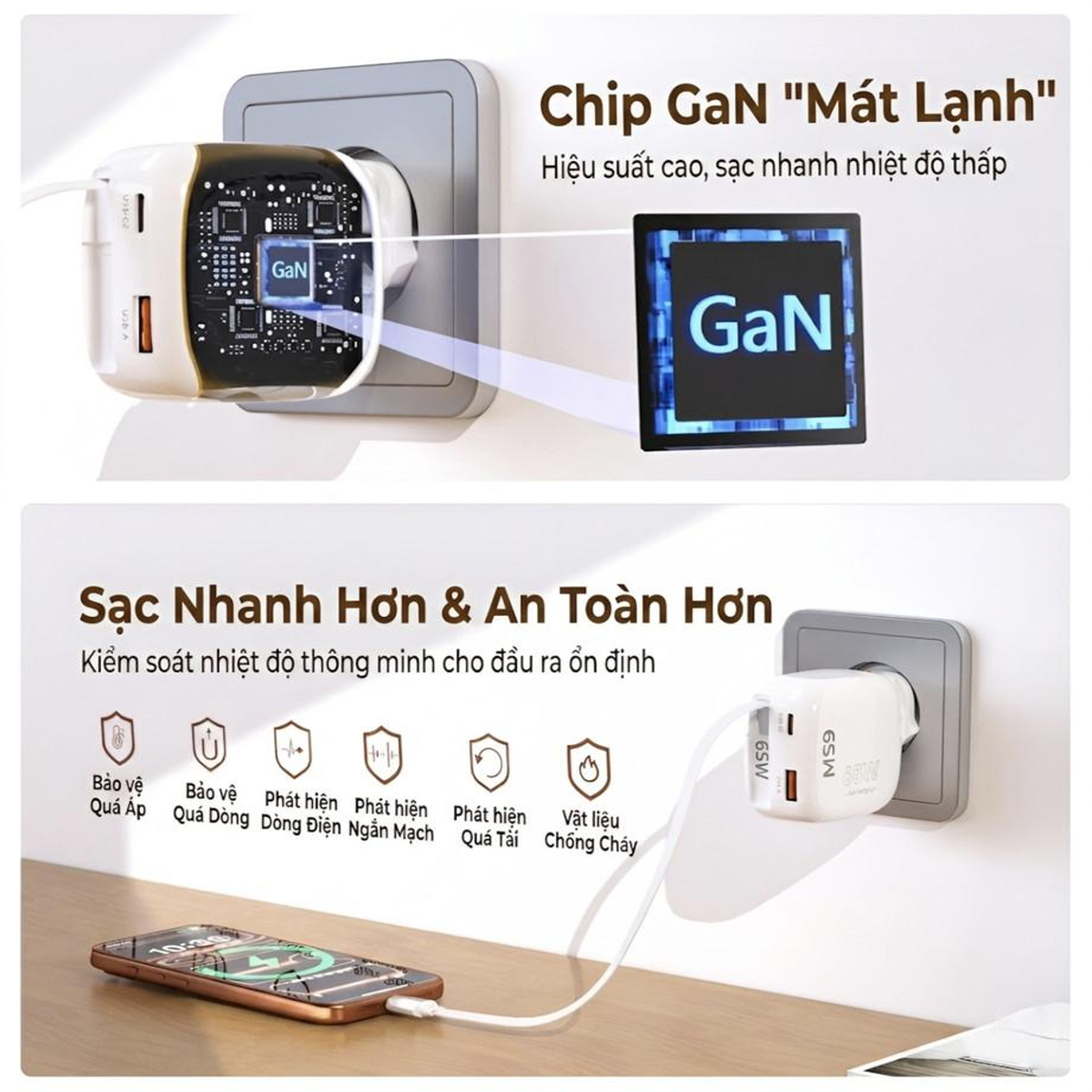 Bộ sạc nhanh Choetech PD6123 GaN 65W tích hợp dây USB C và chân cắm gập gọn (Hàng chính hãng)