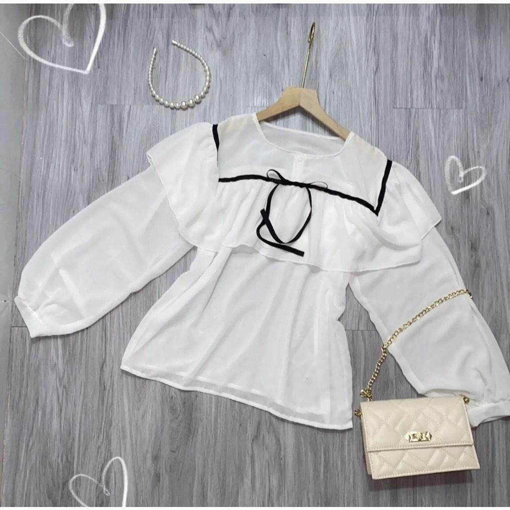 Áo sơ mi nữ công sở dài tay tay màu trắng đi học sinh cổ tròn dáng rộng_390