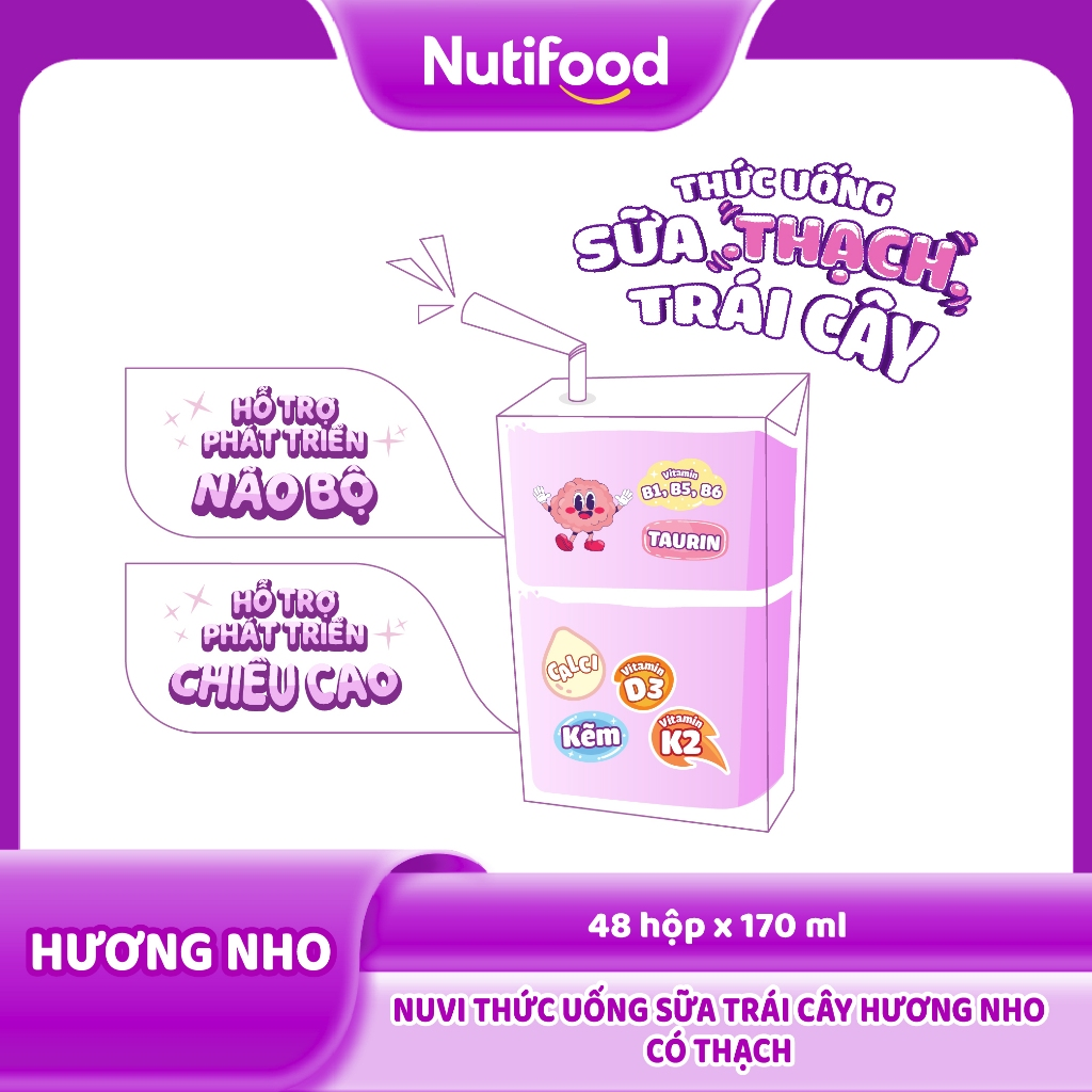 Thùng 48 Hộp Thức Uống Sữa Trái Cây Có Thạch NuVi Hương Nho 170ml