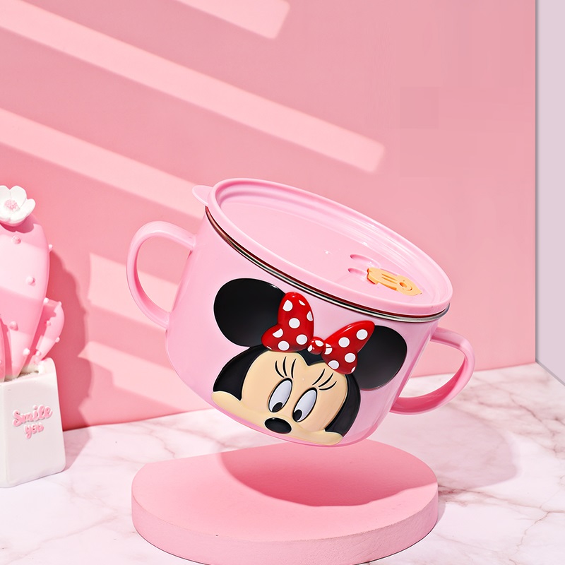 Set ăn uống 4 món tô, ly, muỗng, nĩa inox giữ nhiệt hình chuột Minnie 3D màu hồng cho bé gái - 397VNDM2346