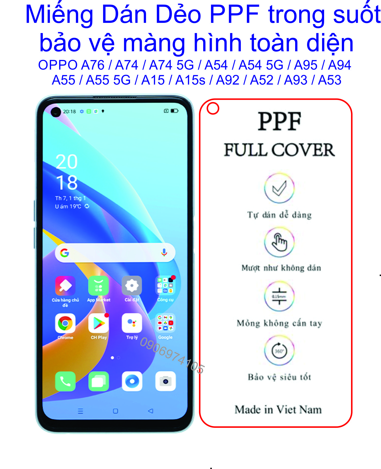 Miếng Dán PPF mặt trước Dành cho OPPO A76 / A74 / A54 / A55 / A95/ A94/ A15/ A15s/ A55 5G/.... chống trầy xước toàn diện