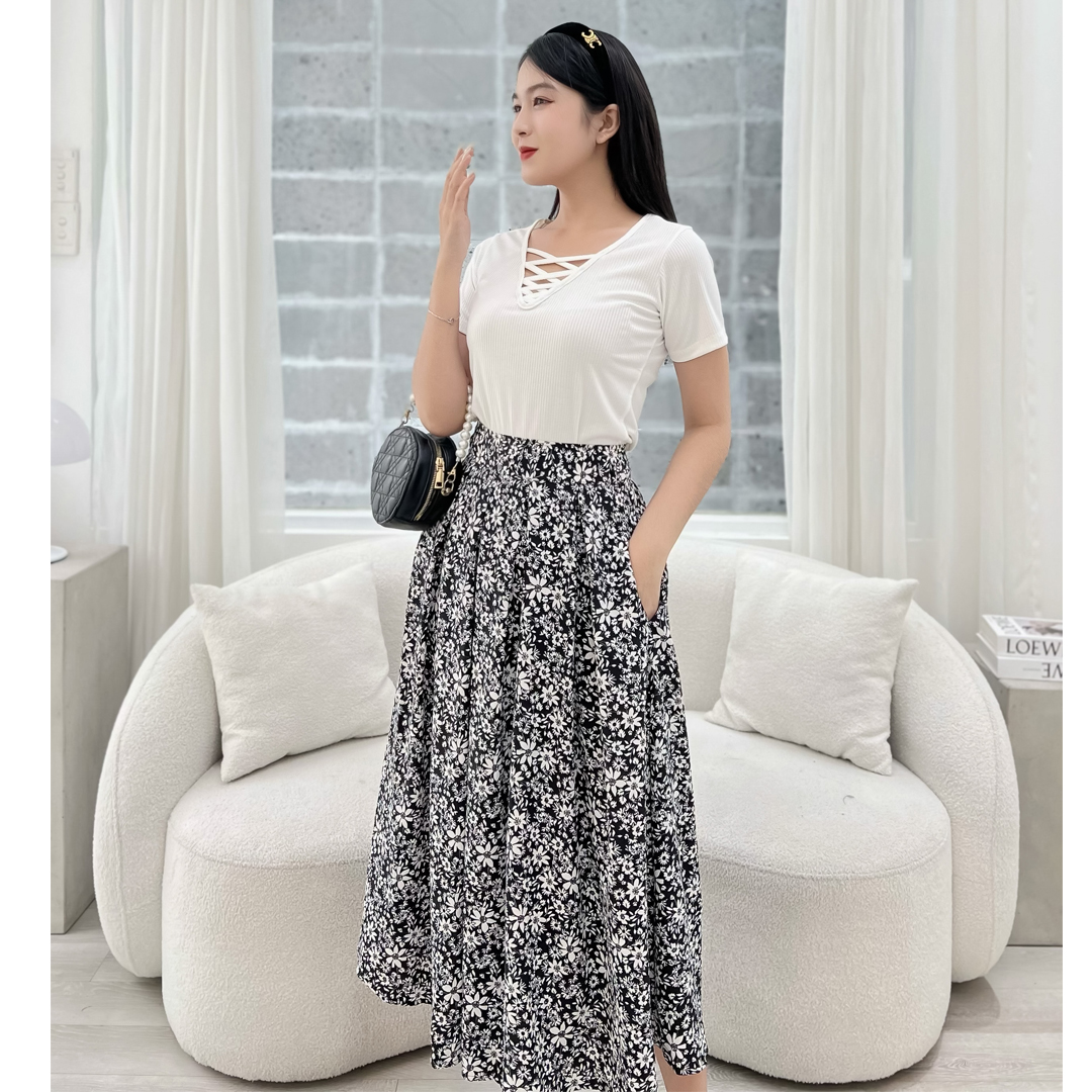 Hình ảnh [HCM] Set chân váy xòe hoa + áo linen thêu sang trọng S07 - Lady fashion - Khánh Linh Style