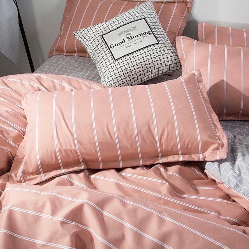 BỘ CHĂN GA GỐI POLY COTTON KẺ HỒNG