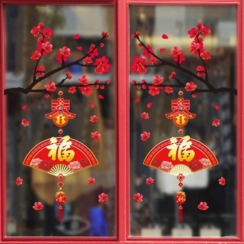 Decal trang trí Tết - 2 Cành Mai Quạt đỏ chúc Xuân
