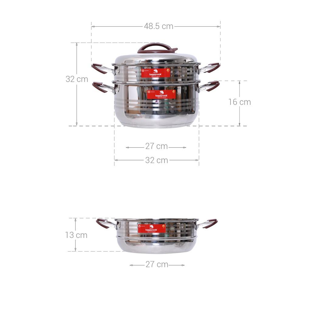 Bộ Xửng Hấp Inox 304 Cao Cấp 3 Đáy 2 Tầng Happy Cook ST32-2
