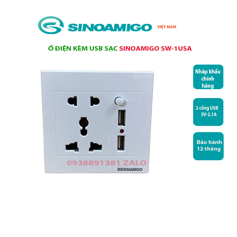 Ổ cắm điện âm tường có cổng USB Sinoamigo SW-1UAS nhập khẩu chính hãng 