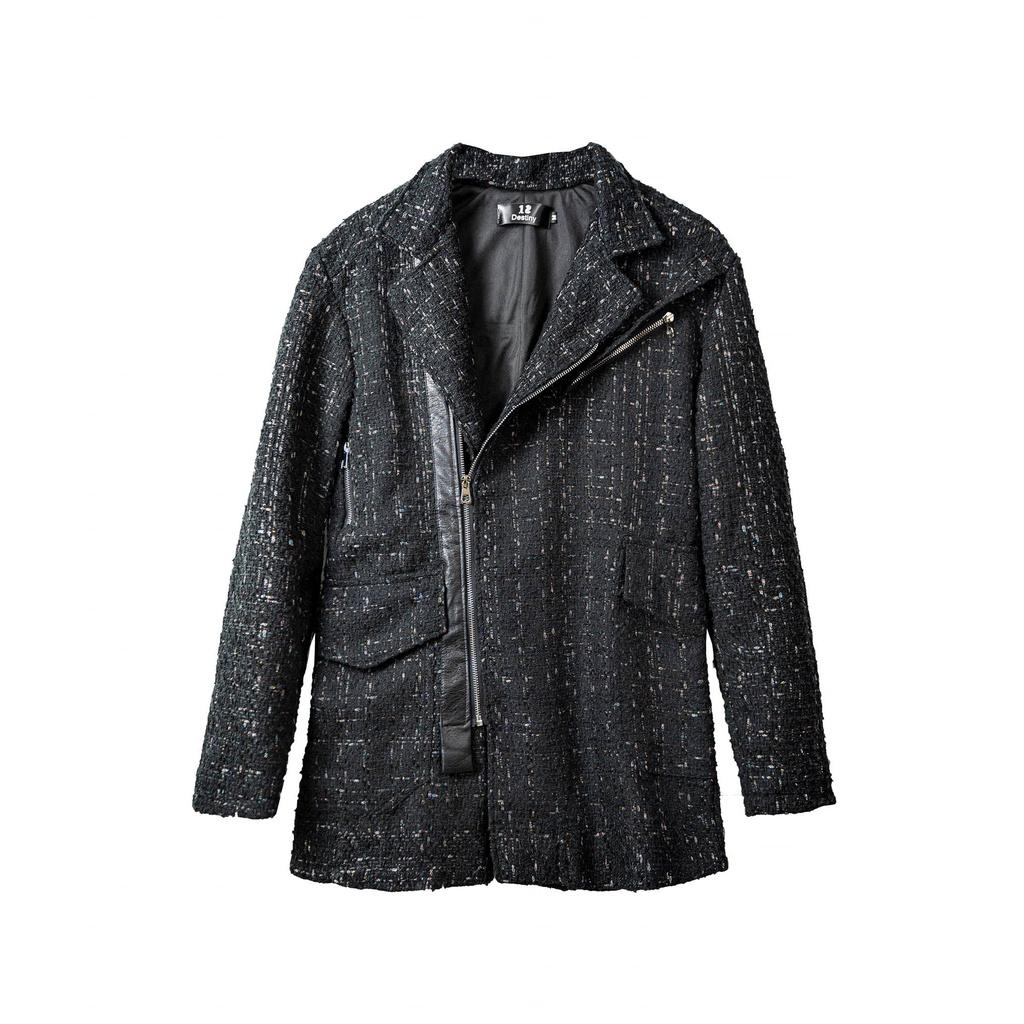 Áo khoác nam 12.DESTINY chi tiết khoá viền vải da dáng măng tô chất liệu dạ tweed màu đen