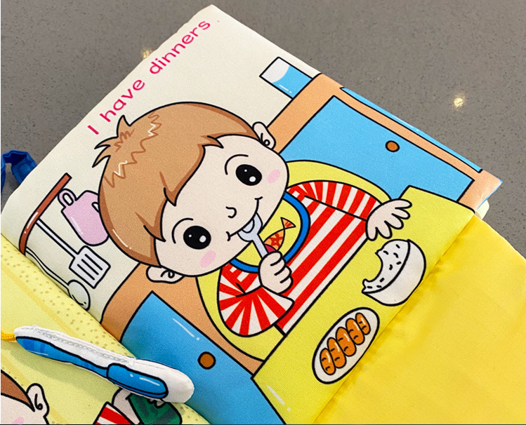 Đồ chơi sơ sinh an toàn - Cuốn sách vải tương tác với bé chủ đề:"Một ngày vui vẻ của tôi"-My happy day-Hàng xuất khẩu