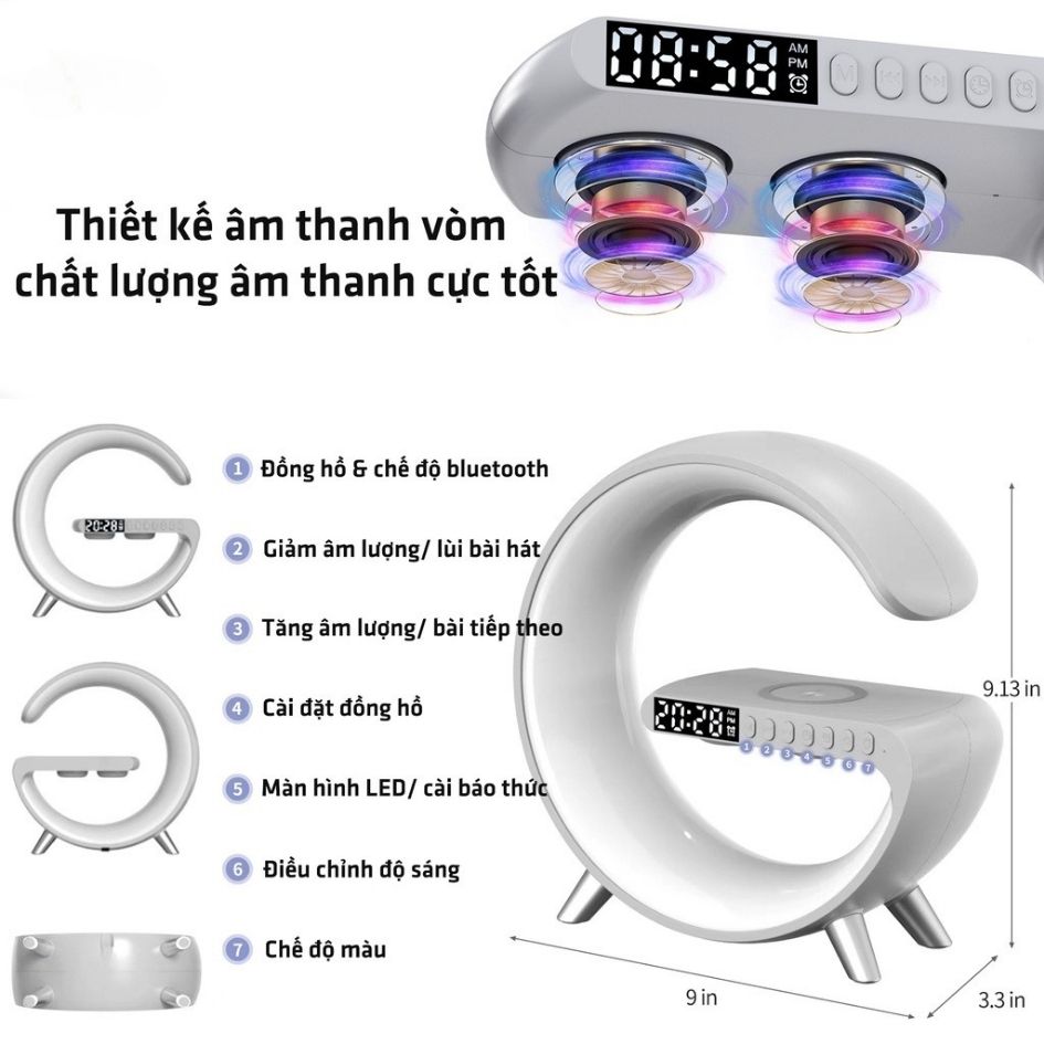 Đế Sạc Không Dây Đa Năng Tích Hợp Loa Bluetooth, Đèn Ngủ, Đồng Hồ, Báo Thức