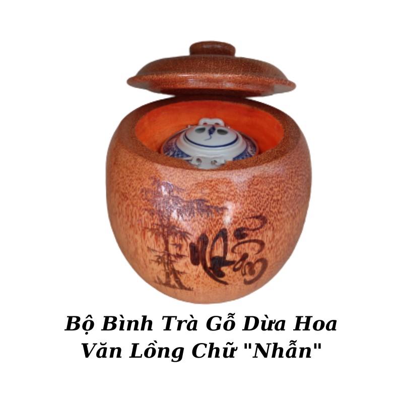 Bộ Bình Trà Gỗ Dừa Không Chân Gọn Đẹp Hoa Văn "Chữ Nhẫn" - Bình Trà 700 - 900ml