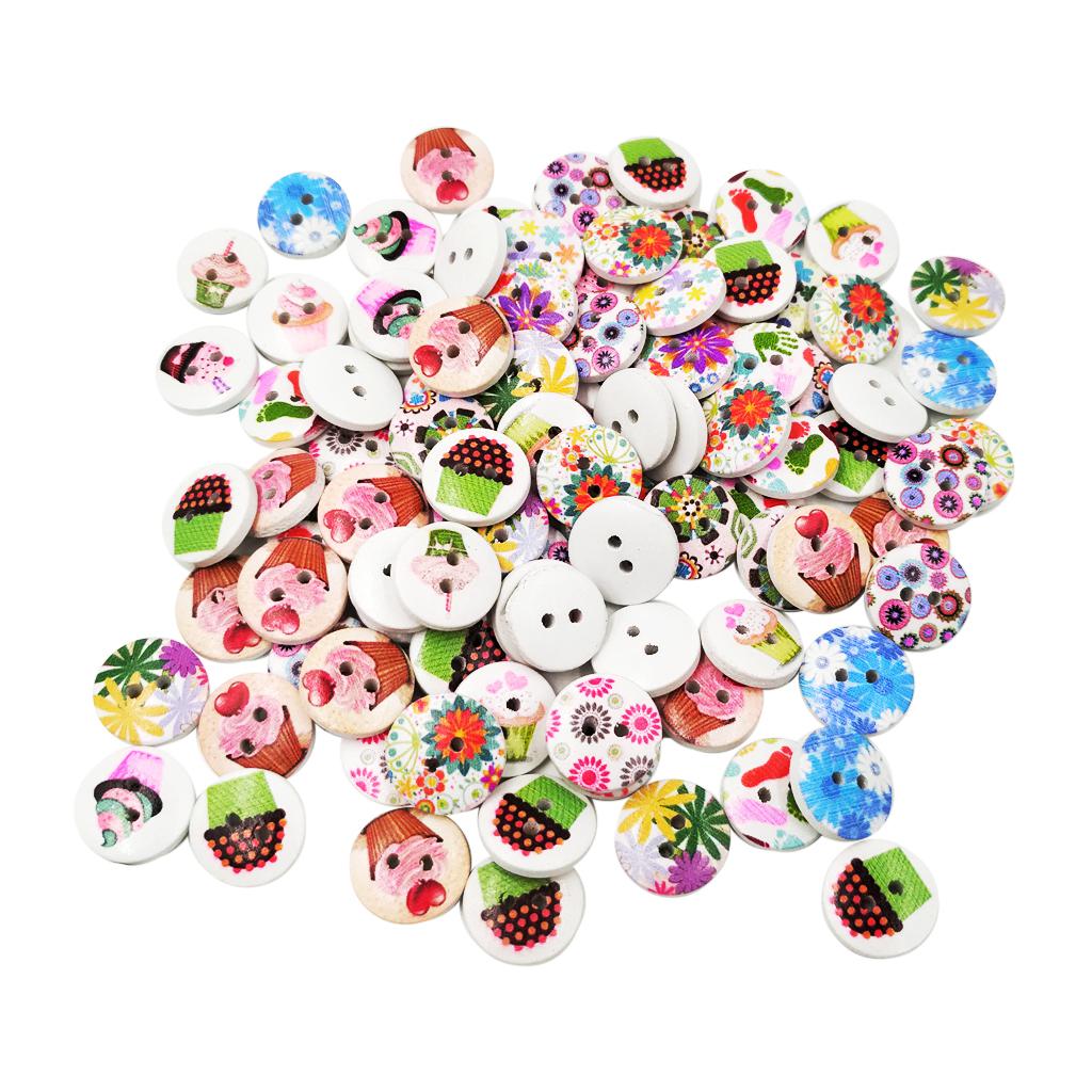 100pcs Mixed 2 Holes Wood Round Buttons for Sewing Scrapbooking Crafts 15mm
