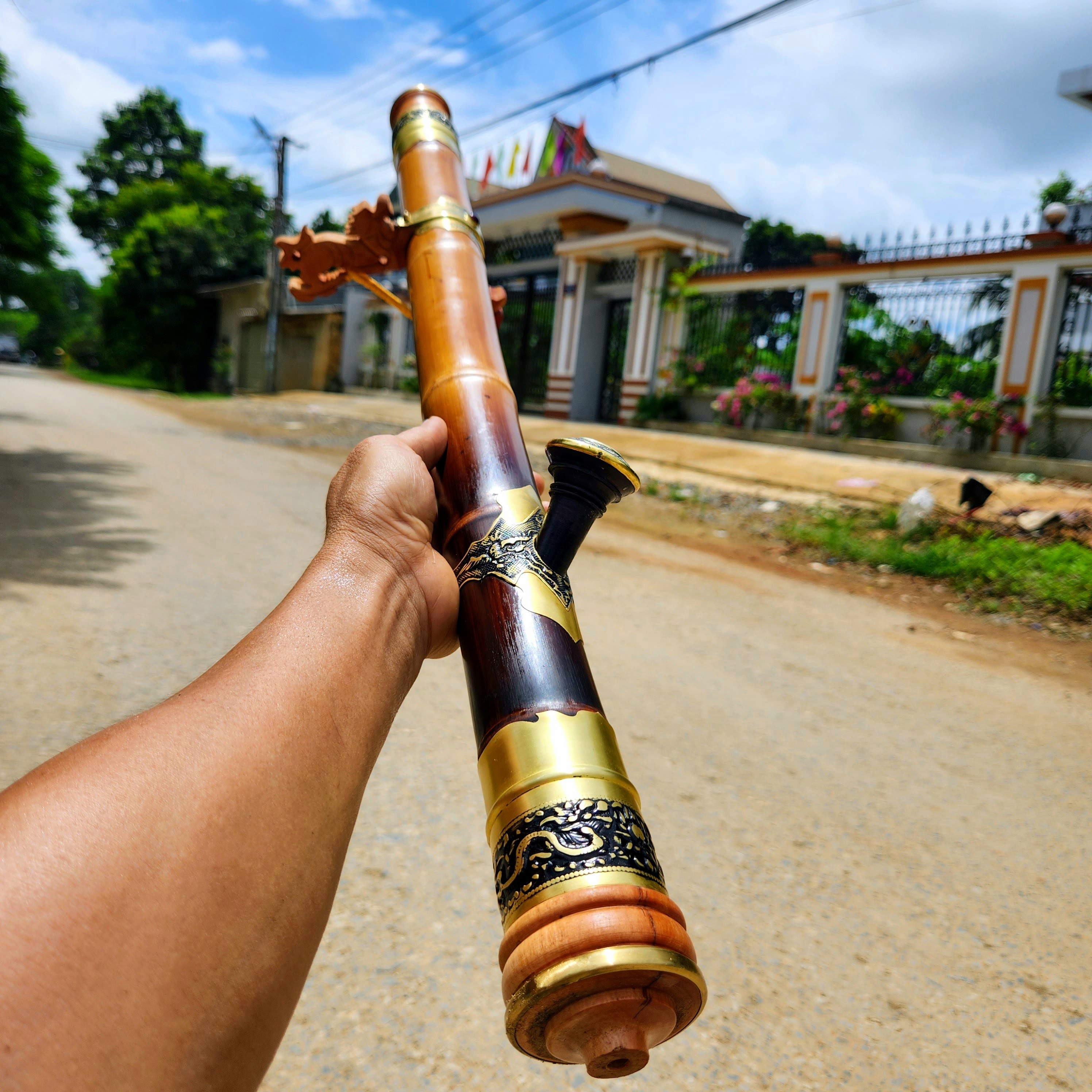 Điếu trúc bọc đồng hoa văn 2 lớp