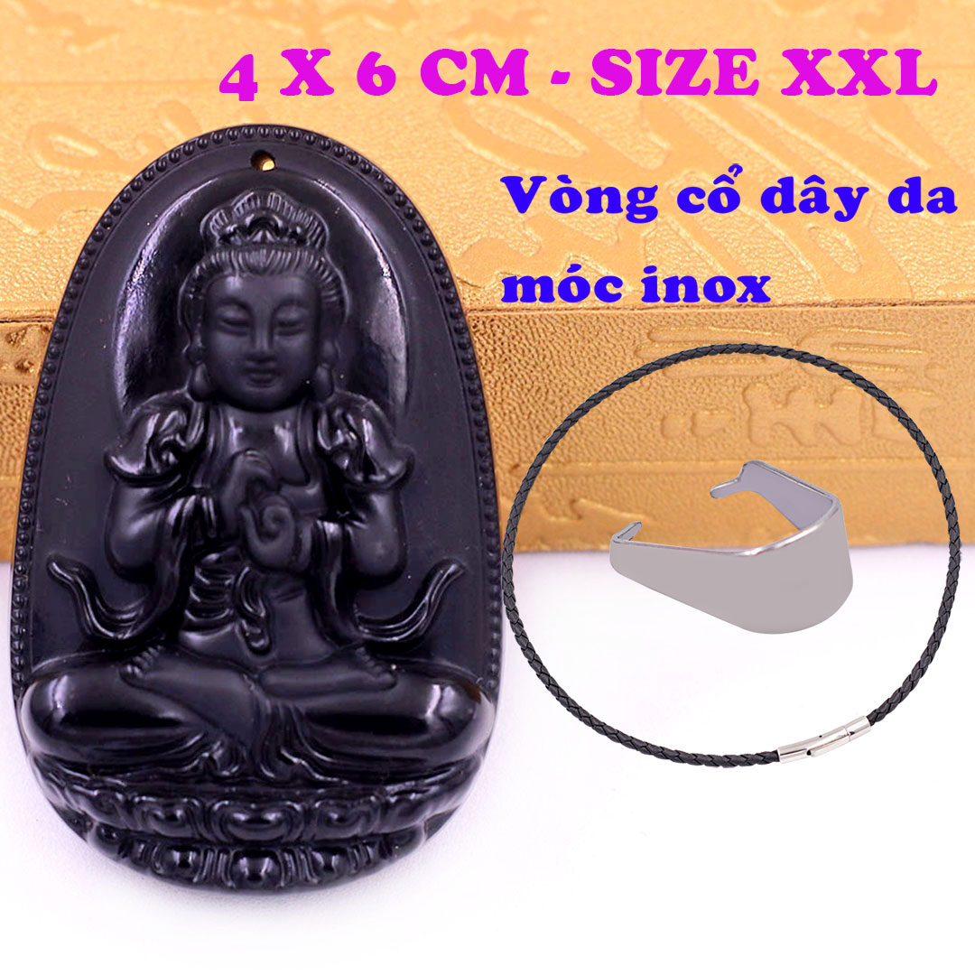 Mặt Phật Đại nhật như lai đá thạch anh đen 6 cm kèm vòng cổ dây da đen - mặt dây chuyền size lớn - XXL, Mặt Phật bản mệnh