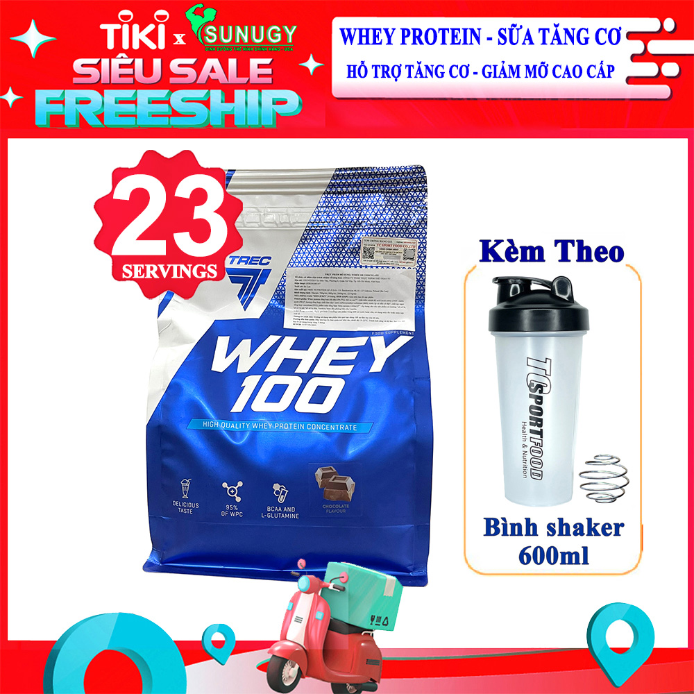 Combo Sữa tăng cơ giảm mỡ Whey 100 của TREC bịch 700 gam hỗ trợ tăng cơ, giảm mỡ cao cấp &amp; Bình shaker 600ml (mẫu ngẫu nhiên)