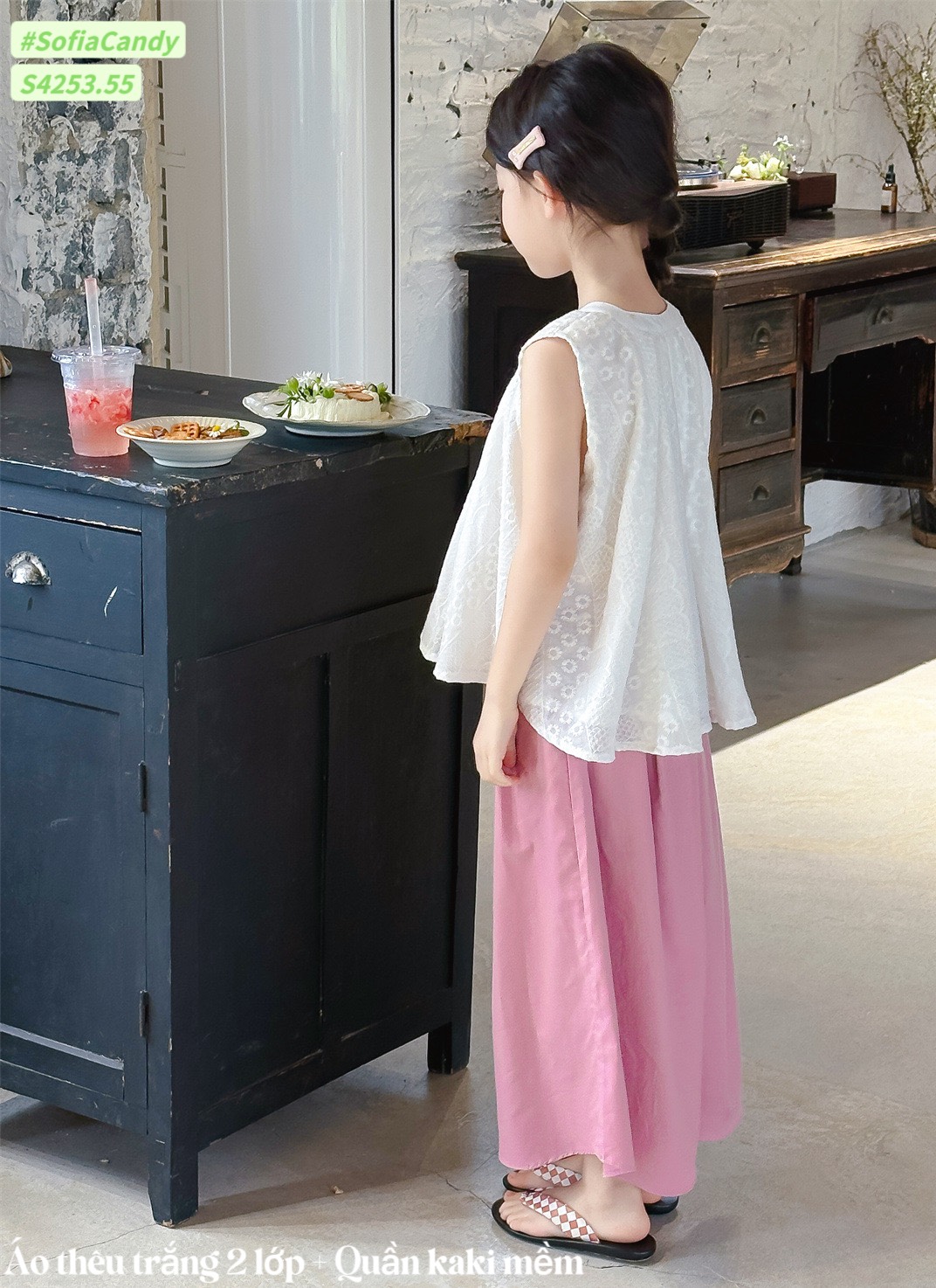 [Từ 1 đến 12 tuổi] Sét bộ tiểu thư trắng hồng bé gái thô cotton Hàn quần kaki áo thêu đi học đi chơi đến 40kg