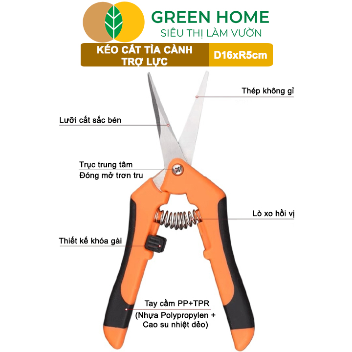 Kéo Cắt Cành GreenHome, D16,5xR4,5cm, Inox, Mũi Nhọn, Siêu Bén, Không Gỉ, Có Khoá An Toàn, Nhiều Màu Lựa Chọn