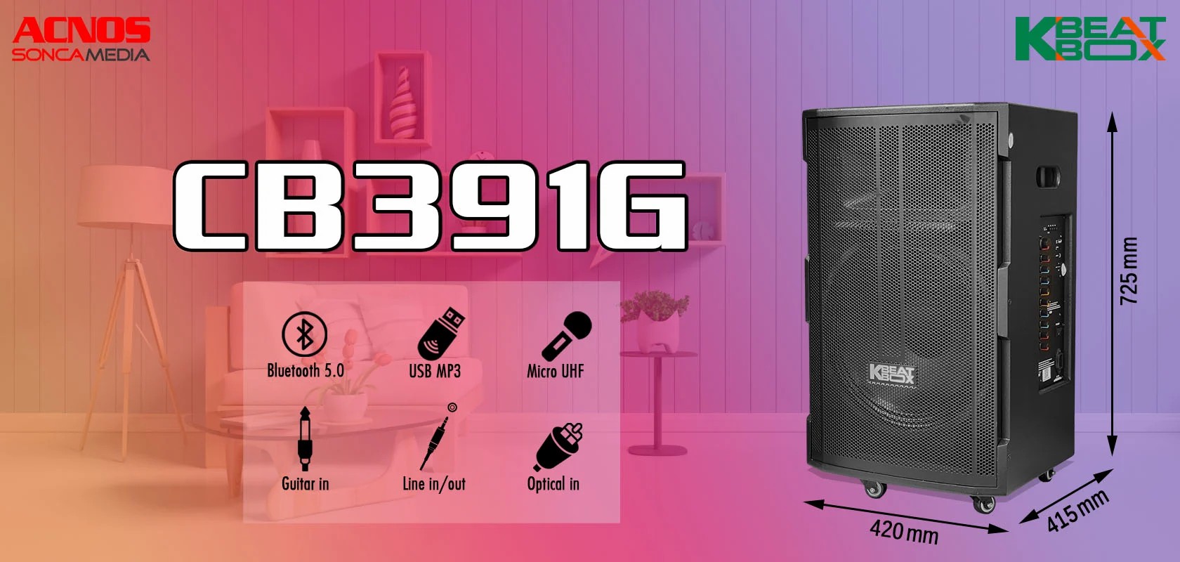 Loa kéo di động Acnos CB391G - Bass 4 tấc, công suất lên đến 450W - Đầy đủ bluetooth 5.0, cổng quang (Optical), AUX, USB - Điều chỉnh Delay, Echo dễ dàng - Kèm 2 micro không dây UHF cao cấp - Hàng chính hãng