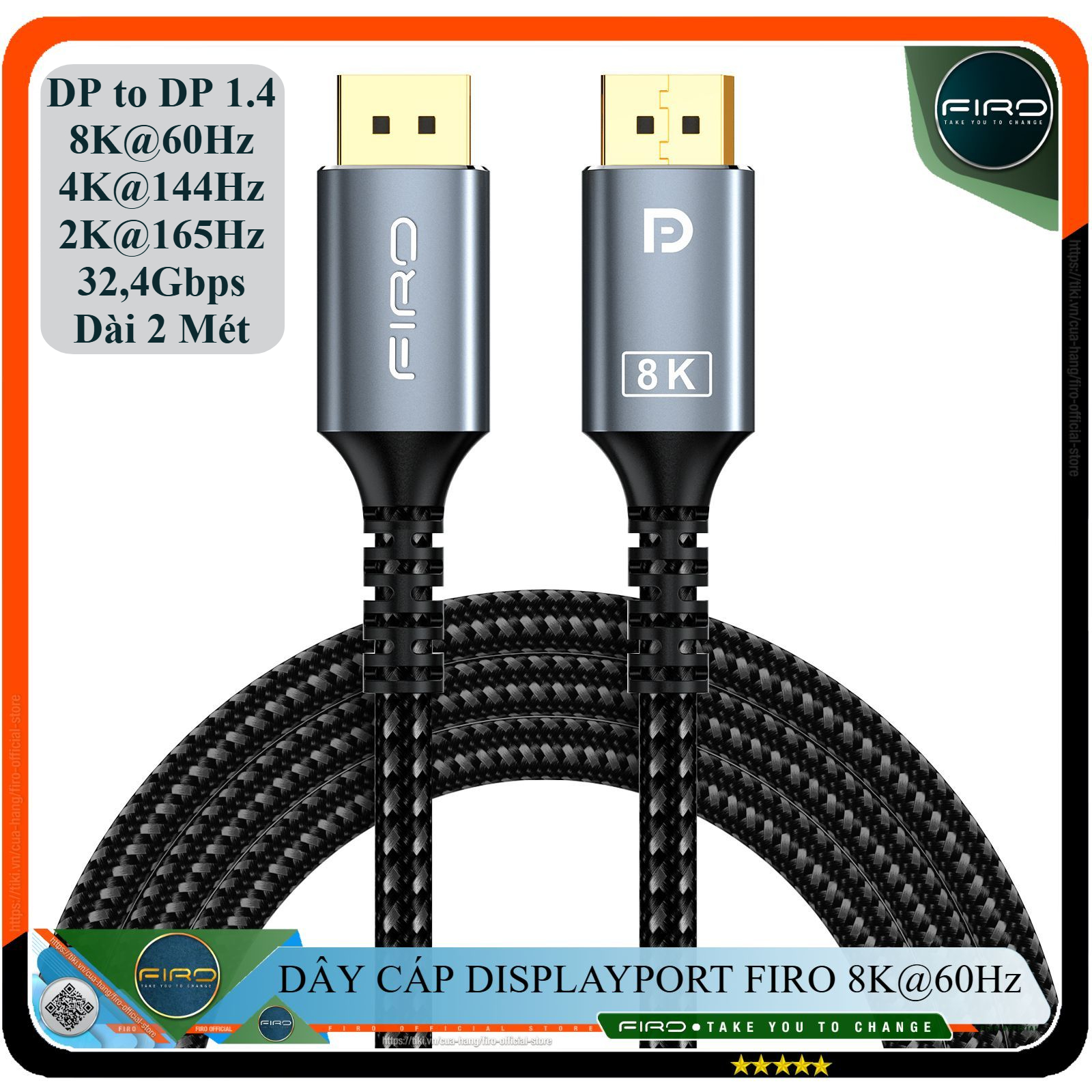 Cáp DisplayPort FIRO - Dây DisplayPort 1.4 8K/60Hz/32,4Gbps - Dài 2 Mét Lõi Dù Dùng Cho Tivi/ Máy Tính/ Playstation - Hàng Chính Hãng