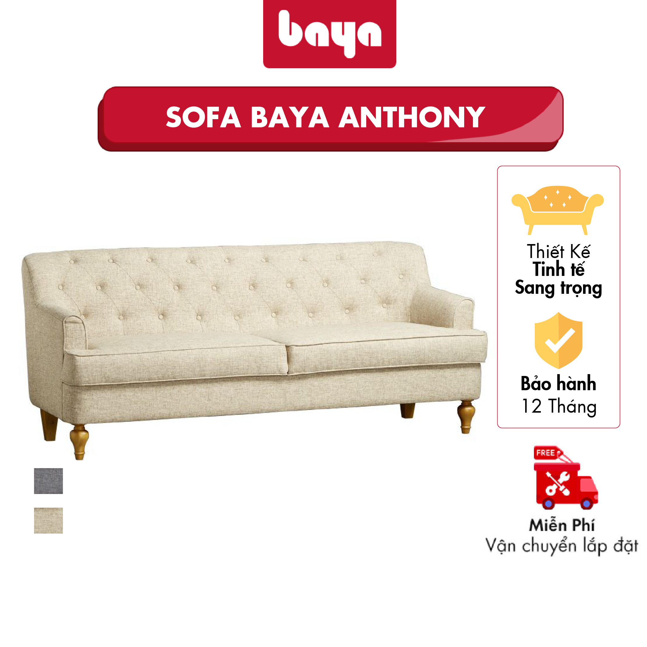 Ghế Sofa Phòng Khách Phong Cách Châu Âu Cổ Điển BAYA ANTHONY Thiết Kế Lưng Tựa Ghế Bằng Những Họa Tiết May Tỉ Mỉ, Lớp Đệm Ghế Dày, Êm Ái, Bốn Chân Ghế Được Điêu Khắc Mài Dũa Nhẵn Mịn