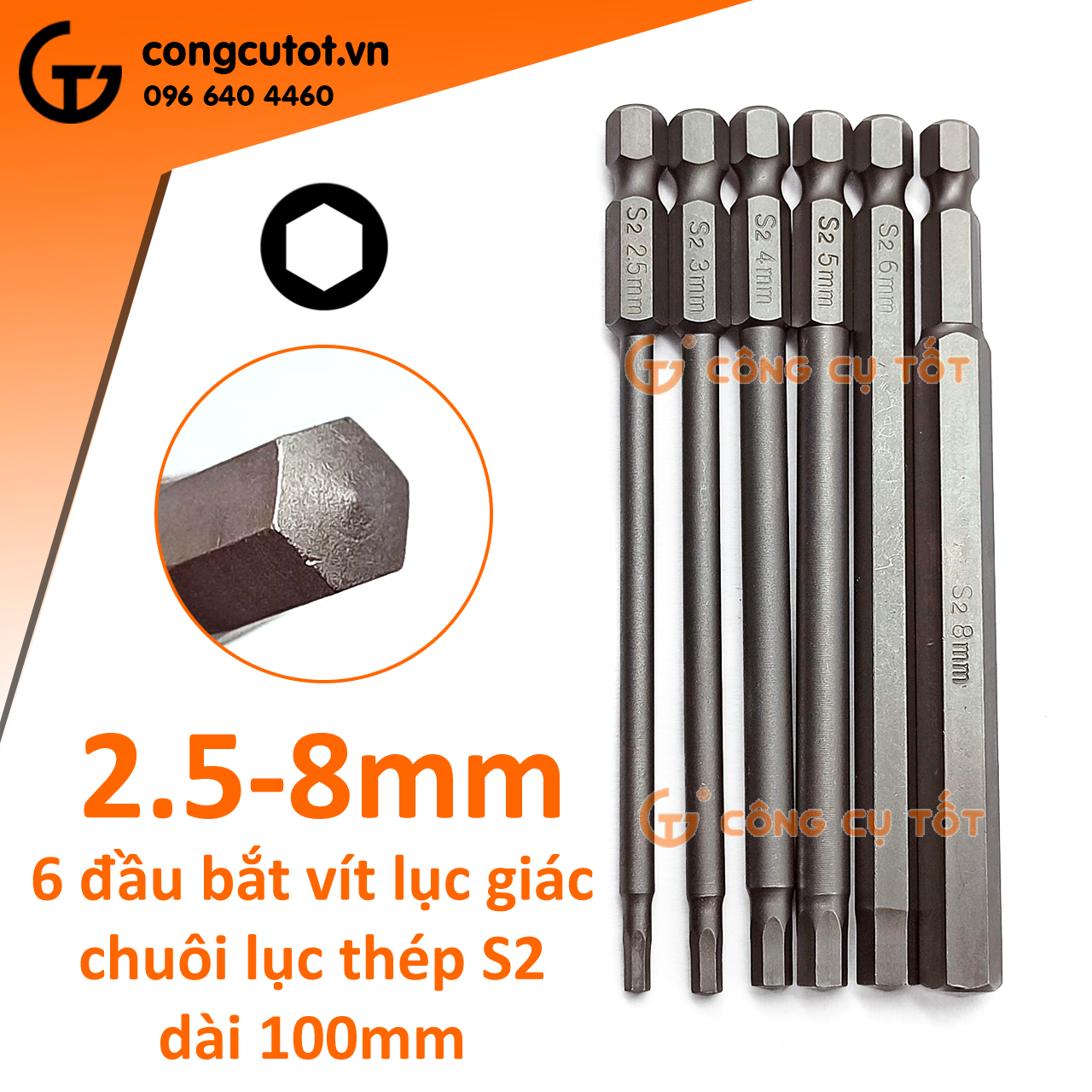 Vỉ 6 đầu bắt vít lục giác chuôi lục thép S2 2.5 - 8.0mm dài 100mm