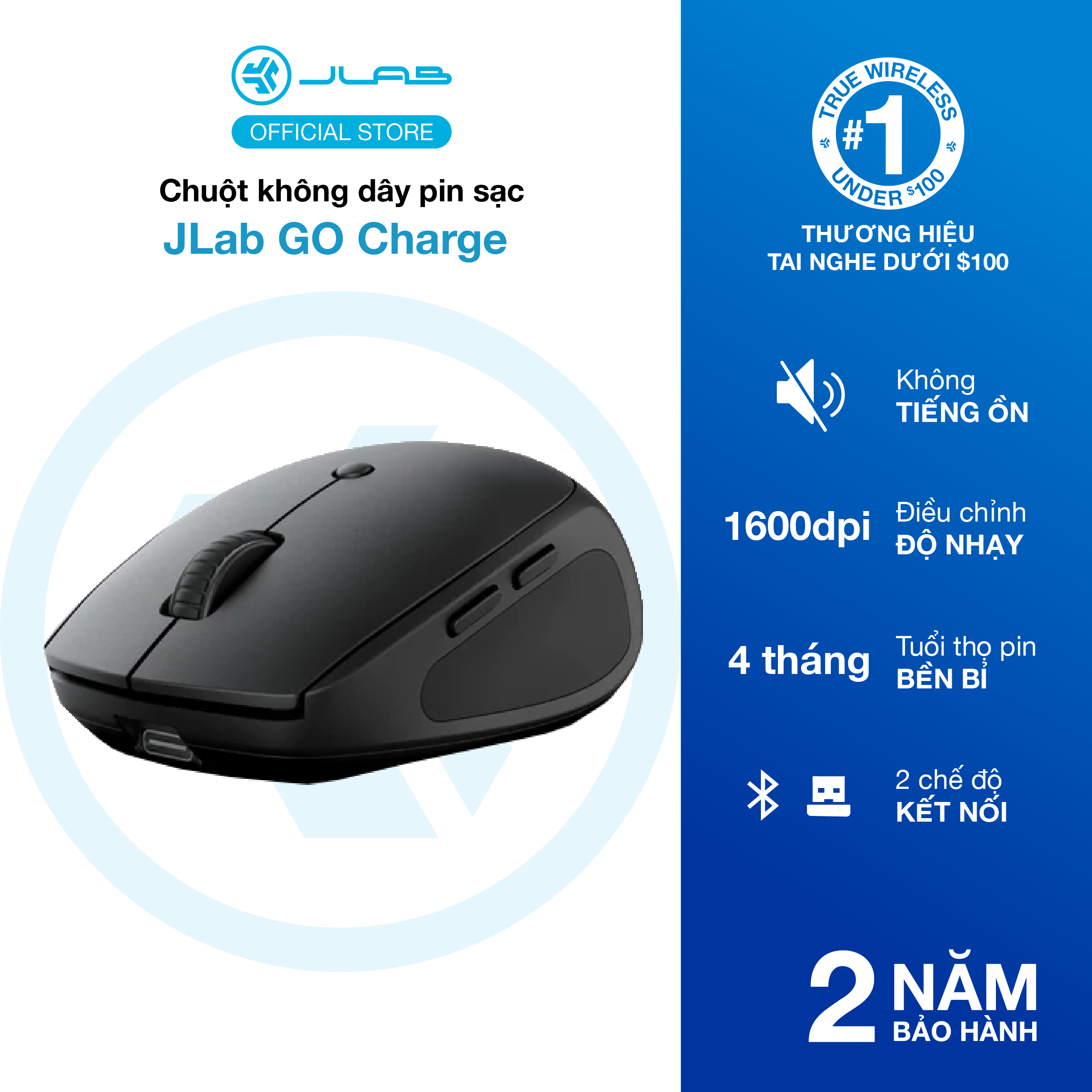 Chuột JLab không dây Go Charge màu đen - Hàng chính hãng - Bảo hành 2 năm