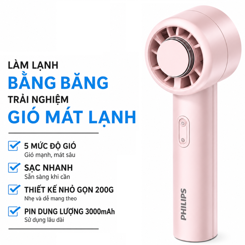 Quạt mini cầm tay USB 5 cấp độ gió, pin 3000mAh thương hiệu Hà Lan cao cấp Philips ACR2124PPF ACR2124MPF serial 2000 - Hàng nhập khẩu