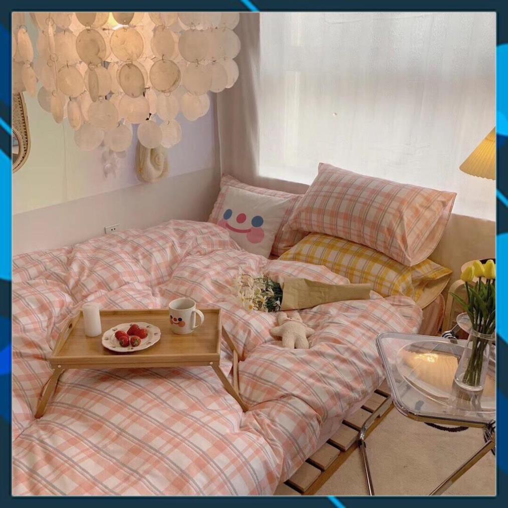 Bộ chăn ga gối Cotton Poly bedding kẻ hồng ga hồng, vỏ chăn mền, drap giường và 2 vỏ gối