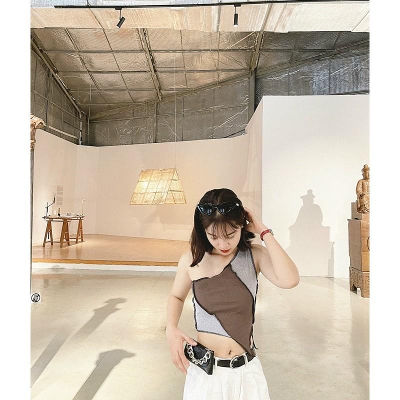 Áo croptop nữ - Áo croptop thun sọc chéo hở một bên vai