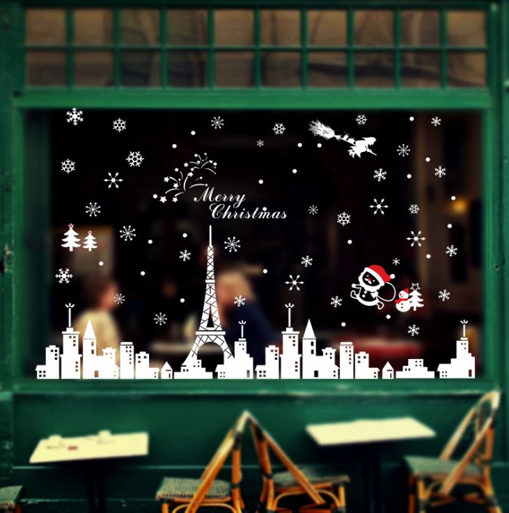 Decal Dán Kính Trang Trí Noel YJ6 Decal Giáng Sinh Decal Noel Bông Hoa Tuyết Ông Già Noel Phố Đêm Paris