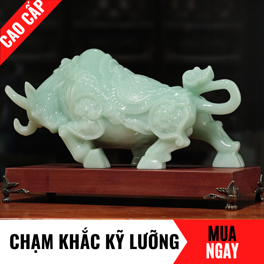 Tượng Bò Tài Chính Trang Trí Phong Thủy Bằng Đá Hoàng Ngọc Cao 23cm