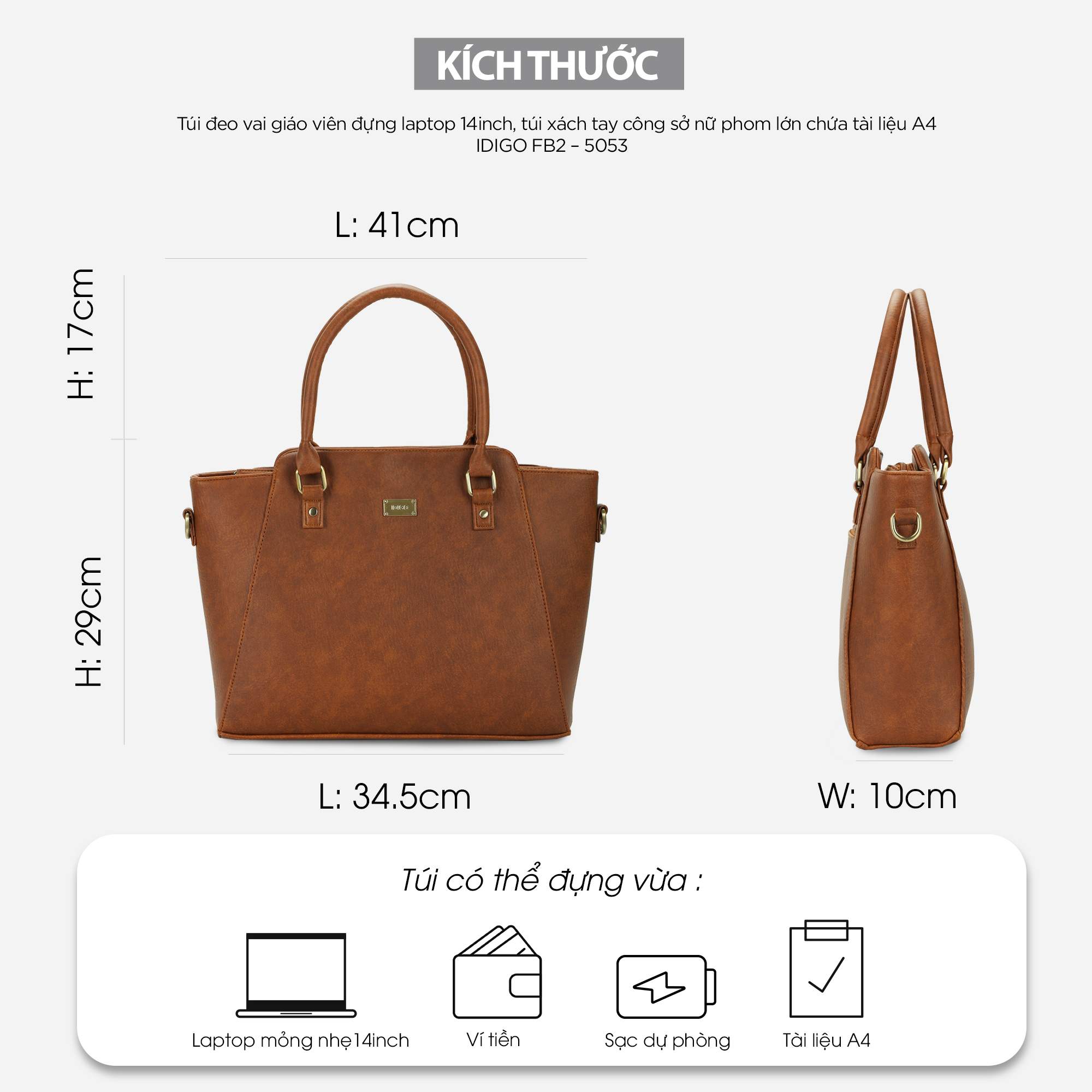 Túi đeo vai giáo viên đựng laptop 14inch, túi xách tay công sở nữ phom lớn chứa tài liệu A4 IDIGO FB2-5053