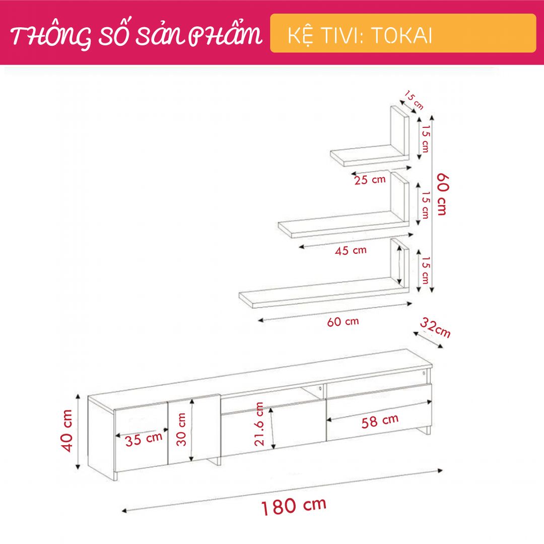 Kệ tivi gỗ hiện đại SMLIFE Tokai | Gỗ MDF dày 17mm chống ẩm | D180xR32xC100cm