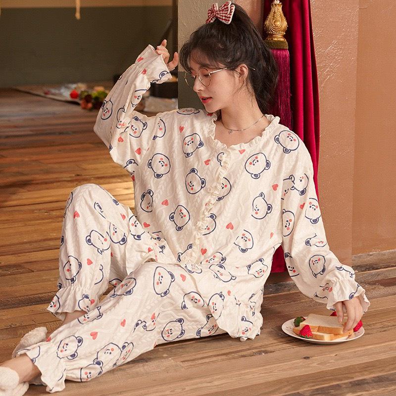 Bộ Pijama Mặc Nhà Cài Khuy Viền Bèo