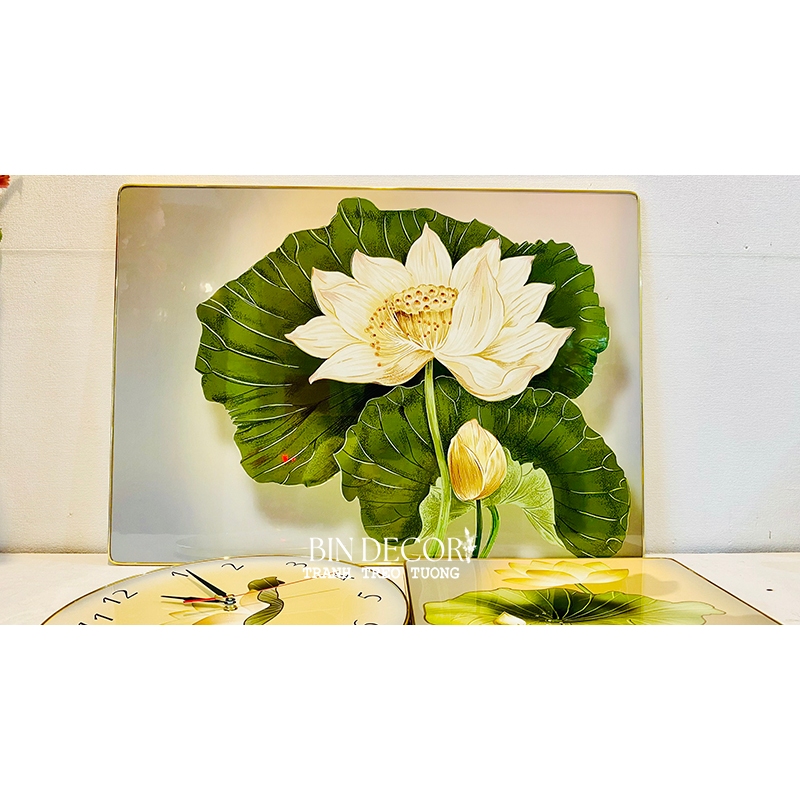 (CÓ ẢNH THẬT) Tranh đồng hồ hoa sen 4 bộ 3 tấm trang trí decor phòng bo viền kèm đinh treo