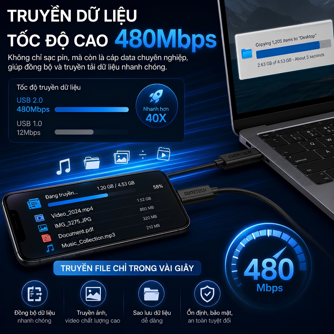 Dây sạc nhanh QC PD 3.0 60W HyperCharge C-Series USB-C to Type C Choetech cho iPhone / iPad 15 16 17 Pro Max Plus Fold - tiêu chuẩn CE, FCC, RoHS, 480Mbps | CHIP E-MARKER THÔNG MINH - Hàng nhập khẩu