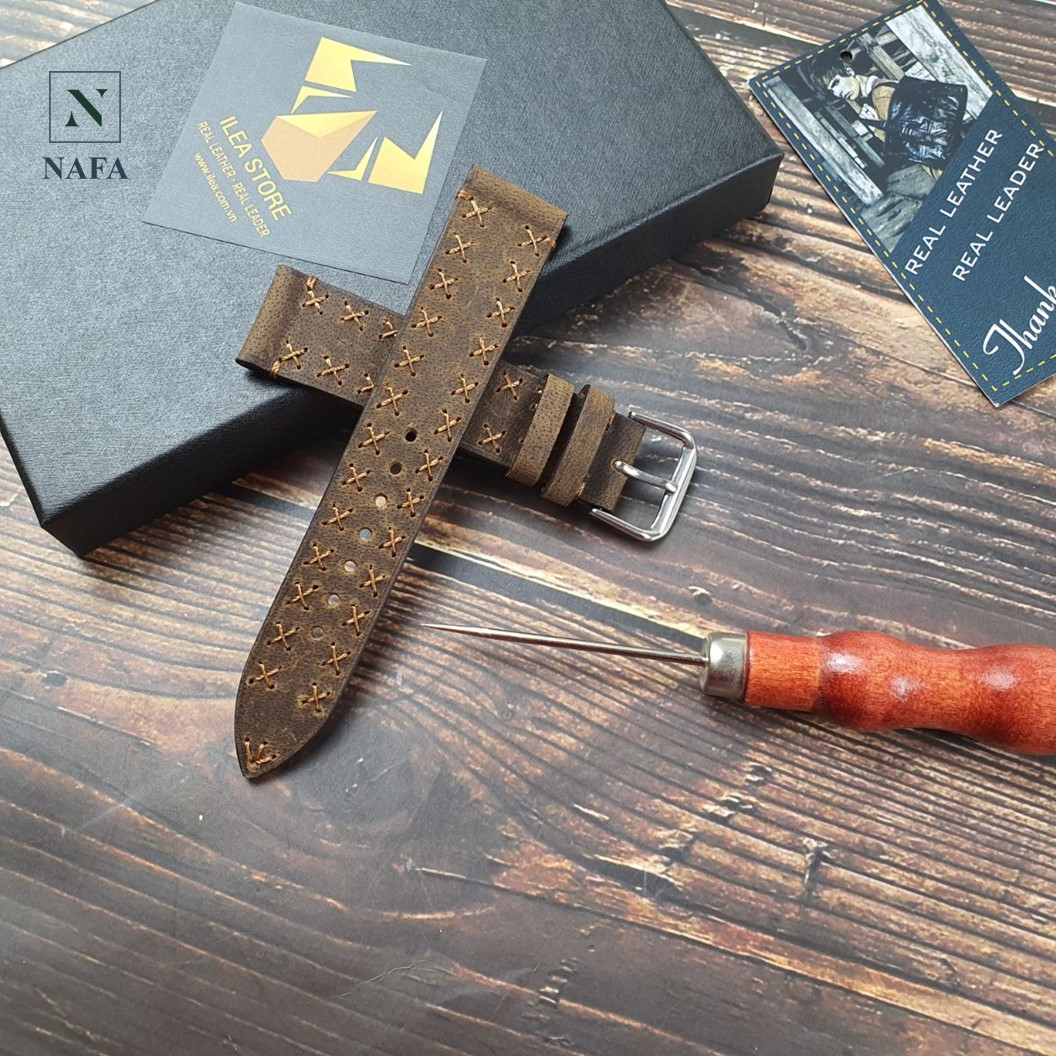 Dây đồng hồ nam handmade thủ công da bò sáp NAFA AL117 đường may bền bỉ, tinh tế