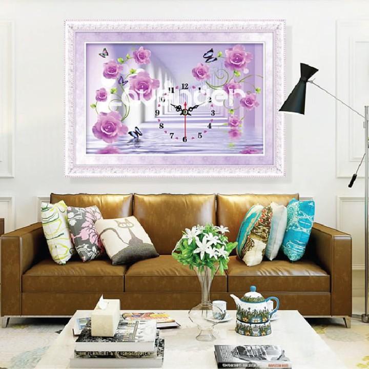 Tranh thêu đồng hồ hoa hồng tím LV3009 - kích thước: 67 * 43cm.