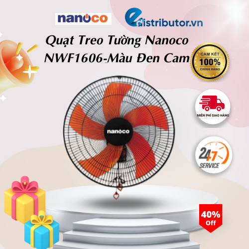 Quạt Treo Tường Nanoco NWF1606 - Màu Đen Cam-Hàng Chính Hãng