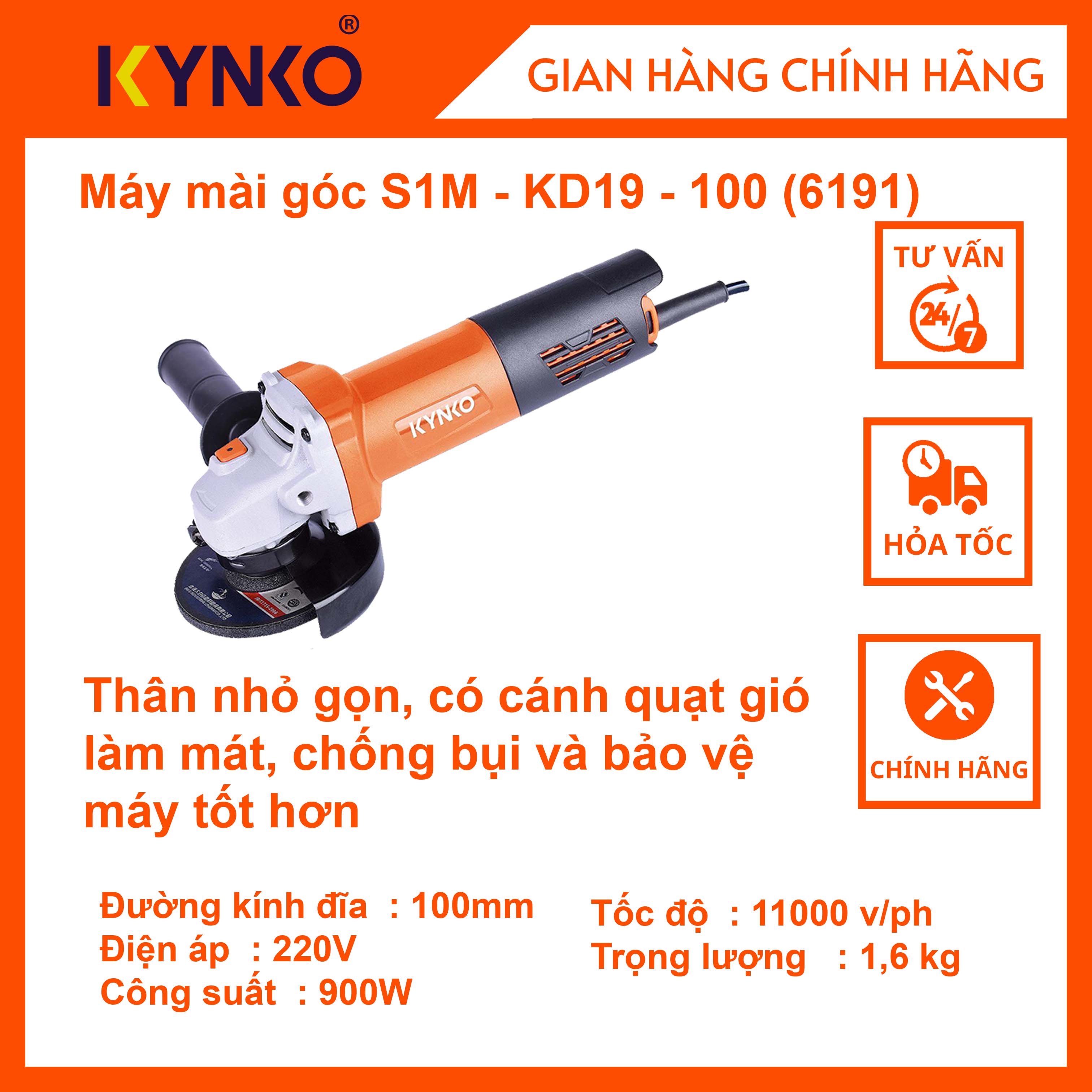 Máy mài góc cầm tay chính hãng Kynko S1M-KD19-100 (Công tắc đuôi) #6191 giá tốt