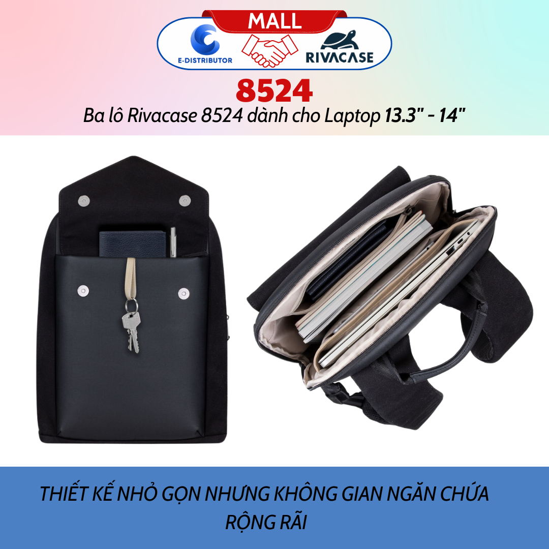 Balô Rivacase 8524 Để Vừa Laptop 13.3&quot; - 14&quot; - Bảo Hành 24 Tháng - Hàng Chính Hãng