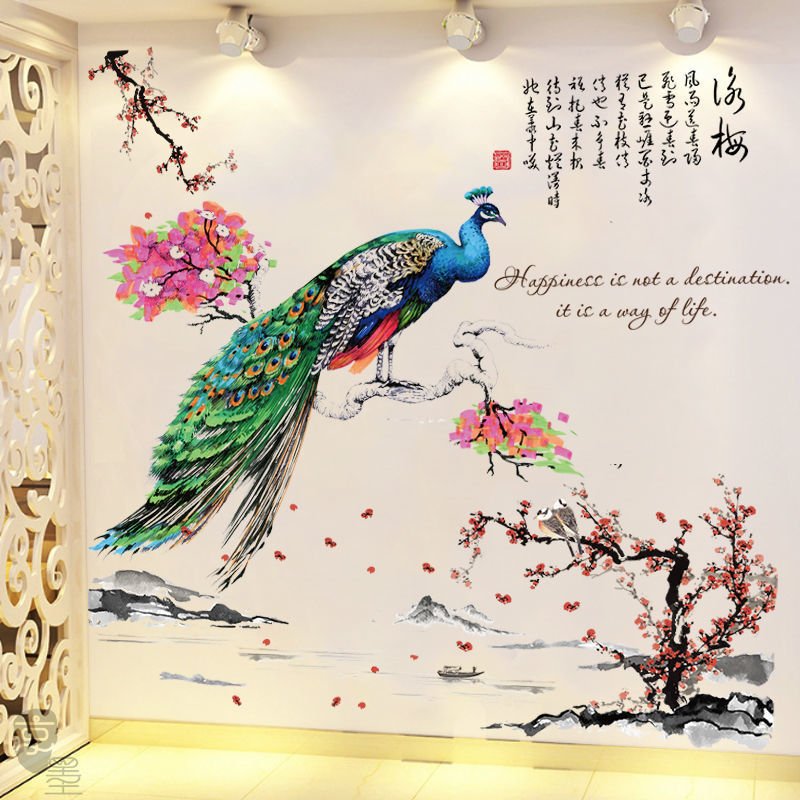 Decal dán tường nghệ thuật chim khổng tước và hoa đào nở