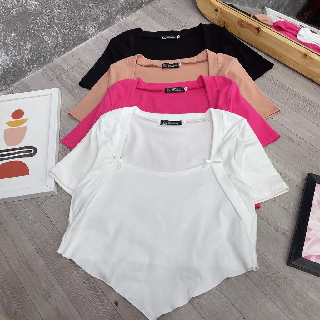 Áo thun tay ngắn cổ vuông bầu tà nhọndáng croptop bigsize hottrend, Áo phông chất borip co giãn A52