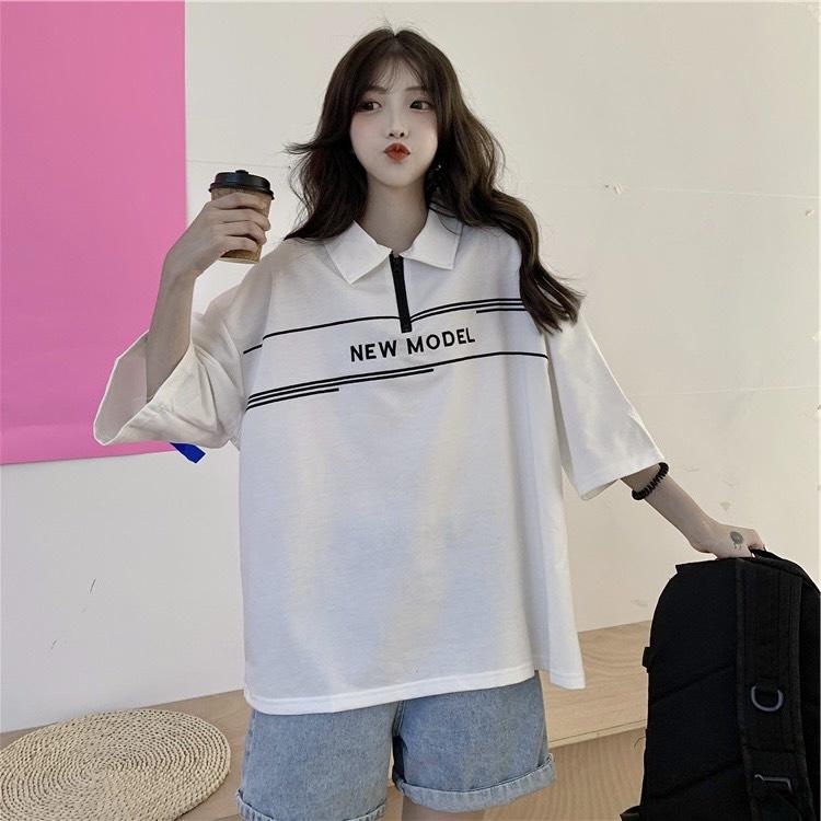 Áo Polo Cộc Tay Khóa Kéo In Chữ NEW MODEL Dáng Rộng