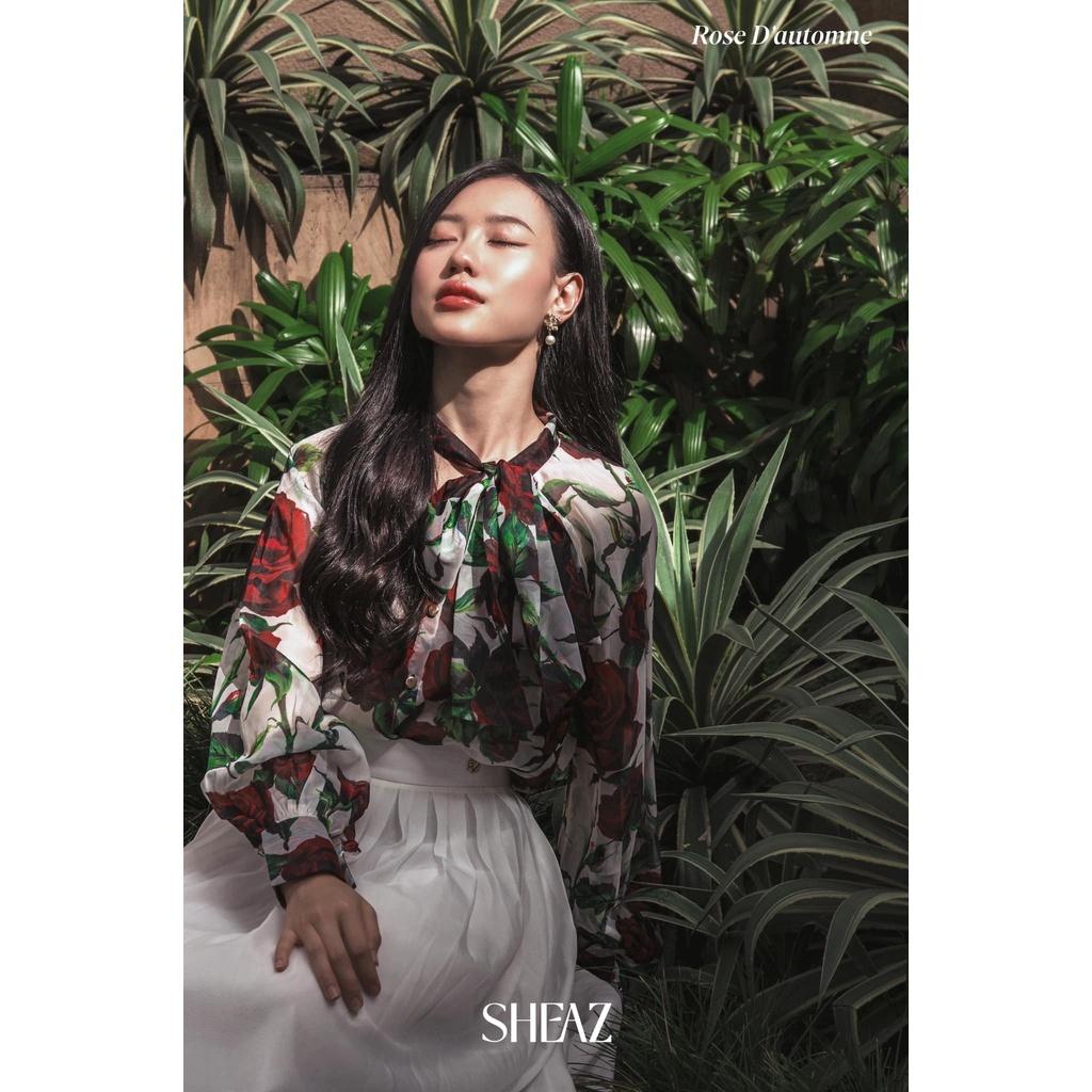 SHEAZ Sơ mi voan cao cấp, họa tiết hoa hồng, tay dài bồng, tay công sở, cổ nơ, phong cách Hàn Quốc