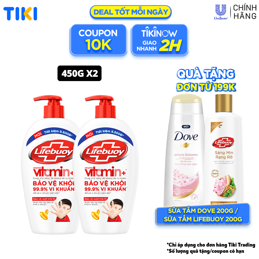 Combo 2 Nước Rửa Tay Lifebuoy Bảo Vệ Vượt Trội 10 Giúp Sạch Khuẩn Và Bảo Vệ Vượt Trội Khỏi 99.9% Vi Khuẩn Tốt Nhất Chai 450g